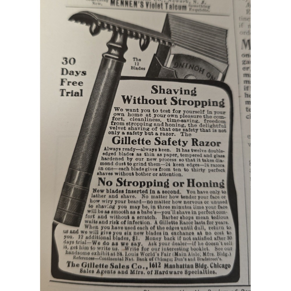 Vintage 1903 Gillette Safety Razor Print Ad Shaving Without Stropping Chicago IL